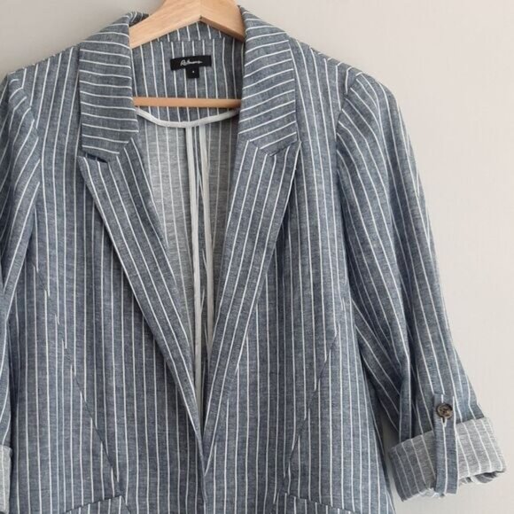 REITMANS Linen Cotton Open Front Utility Sleeve Light Blazer Jacket Blue Sz 4 - Picture 13 of 16